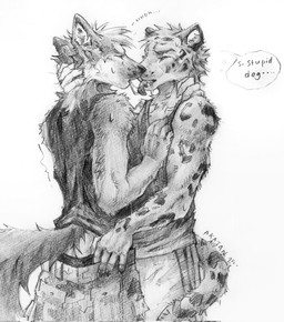 5_fingers anthro biped bodily_fluids bottomwear butt claws clothing dialogue duo eyebrows eyes_closed fangs finger_claws fingers fluffy fluffy_tail fur grabbing_head inner_ear_fluff kissing leopard_spots male male/male male_anthro markings open_mouth pulling_down_shorts saliva saliva_string shirt speech_bubble spots spotted_body spotted_fur tail tank_top teeth text tongue tongue_out topwear tuft akatan_art canid canine canis domestic_dog felid german_shepherd herding_dog mammal pantherine pastoral_dog snow_leopard 2025 english_text hi_res monochrome signature traditional_media_(artwork)