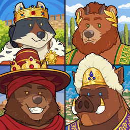 anthro black_body black_fur blue_eyes blue_gem brown_body brown_eyebrows brown_fur cape city clothing cloud countershading crow's_feet crown detailed_background eyebrows fur fur_cape fur_clothing gem green_eyes hair hat headgear headwear horn king male outside plant ponytail purple_gem red_gem religious_clothing religious_headwear royalty scar smile solo tan_body tan_fur turban tusk_jewelry tusks wall_(structure) wreath yellow_eyes quasarbearcat atlas_bear bear brown_bear canid canine canis iberian_wolf mammal suid suine sus_(pig) ursine wild_boar wolf 1:1 absurd_res cel_shading hi_res multiple_images shaded