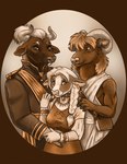 anthro braided_hair breasts clothed clothing ear_piercing ear_ring female group hair male piercing ring_piercing smile trio white_hair caribou_(artist) bovid bovine mammal 2022 digital_media_(artwork)