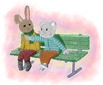 anthro bench bent_ear boots brown_body brown_fur clothing dot_eyes duo female footwear fur gazing gesture grey_body grey_fur hand_gesture male male/female nylon_clothing open_mouth pointing romantic romantic_couple scarf shoes simple_background sneakers text chipepper_(artist) domestic_cat felid feline felis lagomorph leporid mammal rabbit hi_res