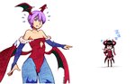 black_hair clothing duo female gesture hair hand_gesture legwear leotard not_furry pointing purple_hair red_clothing simple_background sleeping sound_effects standing tights vowelless vowelless_sound_effect white_background wings zzz michafrar capcom darkstalkers tekken eliza_(tekken) lilith_aensland demon humanoid vampire hi_res