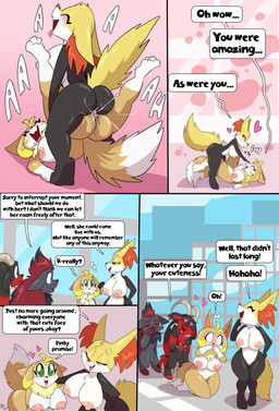 anthro anthro_on_anthro areola balls big_butt biped black_body bodily_fluids breasts butt dialogue ejaculation eyelashes female female/female fur genital_fluids genitals group kneeling male multicolored_body nipples palmorph penis pokemorph pupils sex smile speech_bubble text thick_thighs tribadism vaginal vaginal_fluids vaginal_squirting vulva white_body fuf nintendo palworld pocketpair pokemon delphox generation_5_pokemon generation_6_pokemon incineram pal_(species) pokemon_(species) vixy_(pal) zoroark absurd_res comic english_text hi_res
