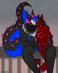 3_eyes andromorph anthro anthro_on_anthro big_clitoris black_body black_fur blue_body blue_fur bone bovid_horn caprine_horn claws clitoral_hood clitoris duo fur genitals goat_horn happy happy_sex horn intersex intersex/intersex intersex/male male mask masturbation multi_eye multicolored_body multicolored_fur mutual_masturbation purple_eyes red_body red_fur romantic romantic_couple sex skull skull_mask spikes teeth mrpanovvy vulpeh mythology celum_(character) psyker_(character) dragon mythological_creature mythological_scalie reptile scalie skulldog_(species) absurd_res hi_res trans_(lore) trans_man_(lore)