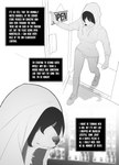 2019 after_transformation anthro black_hair black_nose bottomwear breasts canid clothing comic corablue dialogue digital_media_(artwork) door english_text female fur hair hi_res hoodie mammal monochrome pants solo text topwear walking whiskers