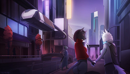 anthro braided_hair city clothed clothing day detailed_background duo_focus female future futuristic group hair outside sky smile standing urban mindmachine canid canine lizard mammal reptile scalie 2018 digital_media_(artwork)