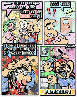4_panel_comic aloha_shirt anthro blouse bow_tie cheek_spots claustrophobia clothing curly_hair dialogue female floppy_ears fur green_hair group hair humor male overalls panicked_look panicking pattern_clothing pattern_shirt pattern_topwear shirt smile speech_bubble tan_body tan_fur text topwear trio white_body white_fur wide_eyed yellow_body yellow_fur rawdawgcomics bingus_(rawdawgcomics) stahli_(rawdawgcomics) bird_dog canid canine canis domestic_dog golden_retriever hunting_dog lagomorph leporid mammal rabbit retriever 4:5 comic english_text hi_res