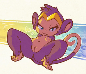 :3 breasts clitoris crown dwarfism feet female feral fur genitals half-closed_eyes headgear narrowed_eyes navel nipples purple_body purple_fur small_breasts solo tiara vulva onihidden shantae_(series) wayforward shantae_(monkey_form) haplorhine mammal monkey primate 2022