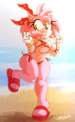 accessory anthro beach big_breasts bikini bracelet breasts clothing female footwear gloves green_eyes hair_accessory hairband handwear jewelry pink_body pulling_bra sandals shoes smile solo swimwear tail tan_body tan_skin two-piece_swimsuit bytesduh sega sonic_the_hedgehog_(series) amy_rose eulipotyphlan hedgehog mammal absurd_res hi_res