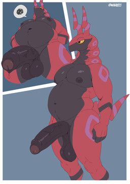 anthro anthrofied balls barazoku big_balls big_penis bodily_fluids darkened_balls darkened_genitalia darkened_penis erection foreskin genital_fluids genitals humanoid_genitalia humanoid_penis low-angle_view male musclegut muscular muscular_male navel nipples nude pecs penis pokemorph precum saggy_balls slightly_chubby solo vein veiny_penis yellow_eyes waladeci nintendo pokemon generation_5_pokemon pokemon_(species) scolipede absurd_res hi_res