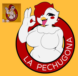 anthro avian_caruncle beak big_breasts blush breasts comb_(anatomy) fellatio_gesture female gesture head_crest heart_symbol looking_at_viewer solo suggestive suggestive_gesture text white_body exqmaster la_pechugona avian bird chicken galliform phasianid absurd_res hi_res spanish_text
