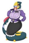 anthro big_breasts black_body bottomwear breasts clothing fangs female generation_3_pokemon hi_res huge_breasts legless nintendo pokeball pokemon pokemon_(species) pupils purple_clothing red_eyes seviper shirt simple_background skirt solo tail teeth topwear urusee584 white_background yellow_pupils