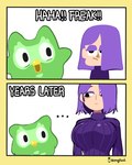 :| beak big_breasts black_eyes black_text border breasts bullying closed_beak clothing duo ellipsis exclamation_point eyeshadow facial_markings feather_markings feathers female female_human feral glistening glistening_breasts glistening_clothing green_body green_feathers green_markings hair head_markings insult larger_female larger_human laugh looking_at_breasts makeup male male/female male_feral markings mascot mask_(marking) mouth_closed on_model open_beak open_mouth orange_nose purple_clothing purple_eyeshadow purple_hair purple_sweater purple_topwear size_difference smaller_feral smaller_male sweater text time_skip topwear unimpressed white_text yellow_beak yellow_border bongftah duolingo haha_freak duo_(duolingo) lily_(duolingo) avian bird human mammal owl 2025 absurd_res comic english_text hi_res meme shaded