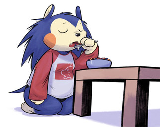 anthro belly black_clothing black_nose black_panties black_underwear blue_body blue_fur blue_hair bowl breasts cereal cereal_bowl cheek_spots clothing container cutlery eating eyebrows eyes_closed fangs female female_anthro food fur furniture gloves_(marking) hair holding_spoon kitchen_utensils kneeling leg_markings long_sleeve_shirt markings milk open_mouth panties print_clothing print_shirt print_t-shirt print_topwear quill_hair shirt short_tail simple_background slightly_chubby slightly_chubby_anthro slightly_chubby_female small_breasts snout socks_(marking) solo spoon t-shirt table tail tan_body tan_fur teeth thick_thighs tired tools topwear underwear white_background oofmasterxd animal_crossing earthbound_(series) nintendo mabel_able eulipotyphlan hedgehog mammal mr._saturn 2026
