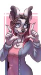 anthro big_ears blep blue_eyes bodily_fluids breasts brown_hair cardigan detailed_eyes dripping fangs female finger_frame gesture gradient_hair hair heart_(marking) long_fangs markings medium_breasts navel_outline red_hair sabertooth_(anatomy) saliva saliva_drip solo teeth tongue tongue_out wide_eyed fedoguck mammal moschid 2022 absurd_res digital_media_(artwork) hi_res