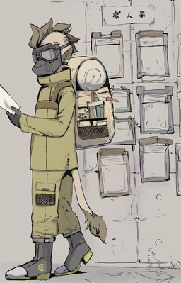 backpack bag boots brown_body brown_fur brown_hair clothed clothing coat eyewear footwear fully_clothed fur gloves goggles green_clothing hair handwear holding_object holding_paper male mask mohawk paper shoes side_view solo tail tail_tuft tape text tools topwear tuft walking wall_(structure) hituka animal_humanoid haplorhine humanoid mammal mammal_humanoid monkey monkey_humanoid primate primate_humanoid hi_res japanese_text