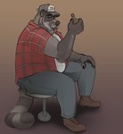 anthro bottomwear clothing facial_hair hat headgear headwear humanoid_hands male mature_male mustache overweight overweight_male pants shirt simple_background sitting solo topwear horrorbuns cliff_(horrorbuns) mammal procyonid raccoon 2022