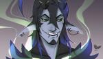 black_hair black_sclera chain ear_piercing ear_ring facial_hair glow_marks green_eyes grey_body grey_skin grin hair horn humanoid_pointy_ears long_hair looking_at_viewer magic male piercing pointy_ears ring_piercing simple_background smile smoke solo teeth besseb demon humanoid