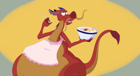 anthro apron apron_only bacon belly big_belly bowl chopsticks claws clothing container ears_back facial_hair fangs food forked_tongue fried_egg half-closed_eyes holding_bowl holding_chopsticks holding_container holding_object horn long_mustache looking_at_viewer male meat mostly_nude mustache narrowed_eyes noodles notched_ear nude obese obese_anthro obese_male open_mouth overweight overweight_anthro overweight_male pivoted_ears raised_tail ramen scales smile smiling_at_viewer solo tail tail_tuft teeth tongue tuft tumble-dry disney mulan_(1998) mythology mushu_(disney) dragon eastern_dragon mythological_creature mythological_scalie scalie 2026 hi_res