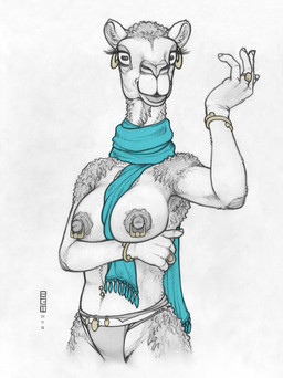 4_fingers anthro areola arm_under_breasts big_breasts blue_scarf bracelet breasts clothed clothing ear_piercing ear_ring eyelashes female fingernails fingers front_view fur grey_areola grey_body grey_clothing grey_fur grey_nipples grey_underwear horizontal_pupils inner_ear_fluff jewelry lips looking_at_viewer multicolored_body multicolored_fur nails navel navel_barbell nipple_piercing nipple_ring nipples open_mouth piercing pupils ring_(jewelry) ring_piercing scarf simple_background snout solo standing text three-quarter_view topless tuft two_tone_body two_tone_fur underwear white_background white_body white_fur yellow_bracelet ecmajor camel camelid dromedary mammal 2024 artist_name colored dated hi_res portrait shaded soft_shading three-quarter_portrait traditional_media_(artwork)