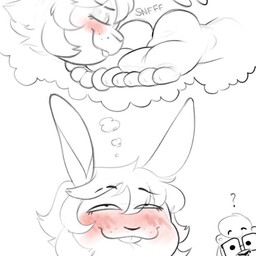 5_toes anthro bite biting_lip biting_own_lip blush duo eyes_closed eyewear fantasizing feet female female/female foot_fetish foot_sniffing glasses humanoid_feet plantigrade question_mark self_bite sniffing soles thought_bubble toes twistedfurby cannella_(twistedfurby) maple_(unsavory_stash) beaver lagomorph leporid mammal rabbit rodent 1:1 2025 monochrome spot_color