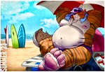 anthro areola beach beach_chair beach_towel beach_umbrella belly belly_overhang beverage_can biceps big_areola big_belly big_nipples big_pecs blue_hair blue_sky brown_eyes chair chest_tuft clothing cloud cooler ear_piercing ear_ring eyewear eyewear_on_head feet flabby footwear fur furniture grin grinning_at_viewer hair hands_behind_head highlights_(coloring) ice inflatable inner_tube lgbt_pride long_hair looking_at_viewer love_handles male markings multicolored_body multicolored_fur multicolored_hair navel nipples obese obese_anthro obese_male on_chair orange_body orange_fur outside overweight overweight_anthro overweight_male parasol pawpads paws pecs piercing pink_nipples pink_pawpads pride_colors purple_clothing purple_speedo purple_swimwear rainbow_piercings rainbow_pride_colors ring_piercing sand sandals sea seaside shoes sitting sky smile snaggle_tooth soles solo speedo spots spotted_face spotted_markings spotted_tail stare striped_body striped_fur stripes summer sunglasses sunglasses_on_head surfboard swimwear tail tail_markings tan_body tan_fur text towel tuft two_tone_body two_tone_fur under_umbrella water wave cobaltgrande thirsty_(thirstydraws) canid canine felid fox hybrid hyena mammal pantherine spotted_hyena tiger absurd_res english_text hi_res