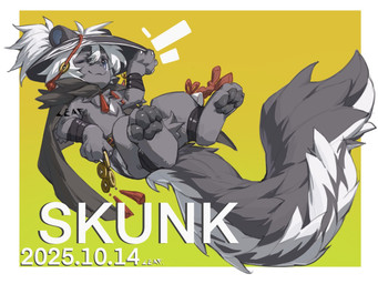 4_fingers 4_toes anthro asian_conical_hat belt black_cape black_clothing blue_eyes border cape clothing emoji_description feet fingers fur grey_body grey_fur hair hat headgear headwear holding_object looking_at_viewer male one_eye_closed pawpads solo tail tied_hair toes white_body white_border white_fur white_hair wink winking_at_viewer leaf15642662 mammal mephitid skunk 2025 hi_res