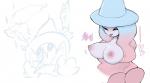 2019 big_breasts blue_body blue_hair blue_skin blush bouncing_breasts breasts evolutionary_family female fufucatu generation_8_pokemon goo_creature goo_humanoid hair hatenna hatterene hattrem heart_symbol humanoid korean_text long_hair multicolored_hair nintendo nipples one_eye_closed pink_hair pokemon pokemon_(species) simple_background sketch smile text tongue tongue_out two_tone_hair white_background wink