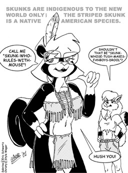 accessory anthro bottomwear breasts clothed clothed_anthro clothing dialogue duo ear_piercing eyewear feather_in_hair female fully_clothed fully_clothed_anthro fur glasses gloves_(marking) hair hair_accessory half-closed_eyes hand_on_hip hands_on_hips loincloth loose_feather markings midriff multicolored_body narrowed_eyes navel open_mouth pelvic_curtain piercing shirt simple_background tail text topwear torn_clothing torn_shirt torn_topwear tribal tribal_clothing two_tone_body style_wager sabrina_online christy_chipmunk sabrina_(sabrina_online) chipmunk ground_squirrel mammal mephitid rodent sciurid skunk 2001 english_text monochrome