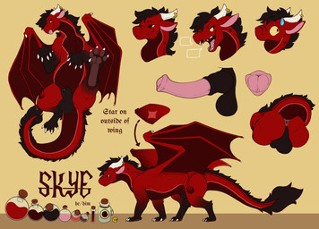 animal_genitalia animal_penis anus balls black_body black_fur black_hair black_penis blep claws digitigrade equine_genitalia equine_penis erection feral fully_sheathed fur furgonomic_piercing furgonomics genitals hair horn horn_piercing horn_ring_(piercing) hybrid_genitalia hybrid_penis knot knotted_equine_penis knotted_penis long_neck male male_feral medial_ring membrane_(anatomy) membranous_wings open_mouth open_smile pawpads penis piercing pink_penis quadruped raised_tail red_body red_fur ring_piercing sheath side_view smile solo speech_bubble standing stated_pronouns tail text tongue tongue_out wings scarf_(artist) mythology skye_(scalyskyes) dragon mythological_creature mythological_scalie scalie english_text hi_res model_sheet