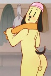 anthro anus backsack balls blush butt clothing genitals hat headgear headwear male nude solo surprise tail towel towel_around_neck young pkaocko cartoon_network the_amazing_world_of_gumball the_dog_(tawog) canid canine canis domestic_dog mammal