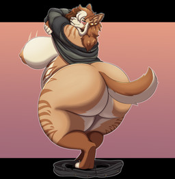 anthro belly big_belly big_breasts big_butt blue_eyes blush blush_lines breasts brown_body brown_fur brown_hair butt clothed clothes_on_ground clothing clothing_lift ear_piercing facial_piercing female fur hair huge_belly huge_butt huge_thighs hyper hyper_butt looking_at_viewer looking_back low-angle_view multicolored_body multicolored_fur nose_piercing piercing rear_view solo sweater thick_thighs topwear undressing wide_hips noryega dakota_(peachiiyeen) hyena mammal hi_res
