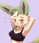 anthro anthrofied blush breasts female hands_behind_head looking_at_viewer simple_background solo park_horang nintendo pokemon eeveelution generation_4_pokemon leafeon pokemon_(species) hi_res