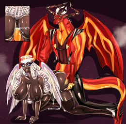 anthro big_breasts big_butt big_penis bodily_fluids breasts butt clothed clothing cum cum_in_vagina cum_inside dark_body dark_skin demon_on_angel doggystyle duo female female_penetrated from_behind_position genital_fluids genitals halo horn looking_pleasured male male/female male_penetrating male_penetrating_female muscular muscular_male nipples open_mouth open_smile partially_clothed penetration penile penile_penetration penis penis_in_vagina red_body sex simple_background smile tail teeth thick_thighs tongue tongue_out vaginal vaginal_penetration wings bitterrbunz hazbin_hotel hellaverse helluva_boss satan_(helluva_boss) sera_(hazbin_hotel) angel angel_humanoid demon humanoid seraph_(angel) hi_res