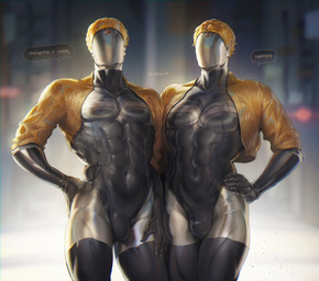 abs blonde_hair bulge clothed clothing cropped_jacket crossgender duo featureless_face ftm_crossgender hair jacket machine male metallic_body muscular muscular_humanoid muscular_male not_furry open_clothing open_jacket open_topwear pecs russian standing text tight_clothing topwear yellow_clothing yellow_jacket_(clothing) yellow_topwear astrocat atomic_heart left_(atomic_heart) right_(atomic_heart) humanoid robot robot_humanoid 2023 absurd_res hi_res russian_text translated