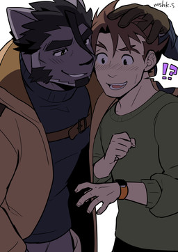 anthro black_body black_fur blush brown_hair clothing coat duo eyebrows facial_hair flirting fur goatee grin hair interrobang male male/male mature_male smile sweater thick_eyebrows topwear trenchcoat mshk_s lifewonders live_a_hero male_operator protagonist_(live_a_hero) tsuneaki domestic_cat felid feline felis human mammal