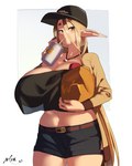 absurd_res big_breasts blonde_hair breasts clothed clothing drinking elf female hair hat headgear headwear hi_res huge_breasts humanoid navel naze not_furry solo