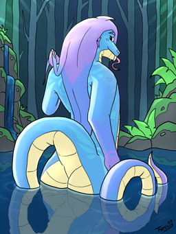 anthro bedroom_eyes big_butt blue_body blue_scales blush butt detailed_background fangs forest forest_background forked_tongue grass hair inviting light light_beam long_hair looking_at_viewer looking_back looking_back_at_viewer male narrowed_eyes nature nature_background nude outside partially_submerged plant presenting presenting_hindquarters raised_tail rear_view reflection scales seductive skinny_dipping smile solo submerged_legs submerged_tail sunbeam sunlight tail tan_body tan_scales teeth tongue tongue_flick tongue_out tree ventral_scales water thessus_(artist) snek!_(character) reptile scalie snake hi_res signature
