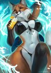 anthro beverage big_breasts bikini black_bikini black_clothing black_nose black_swimwear breasts brown_body brown_fur clothed clothing drinking_straw female fur hands_behind_head lemonade looking_at_viewer midriff navel orange_body orange_eyes orange_fur raised_arm sea smile solo swimwear thick_thighs two-piece_swimsuit water juliathedragoncat canid canine fox mammal 2021 absurd_res digital_media_(artwork) hi_res