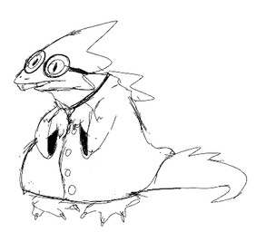 anthro barefoot buckteeth claws clothed clothing coat eyewear feet female front_view fully_clothed glasses lab_coat pigeon_toed solo standing tail teeth thick_tail three-quarter_view topwear aliengoat undertale_(series) alphys lizard reptile scalie aliasing black_and_white digital_media_(artwork) low_res monochrome
