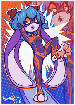 3_toes anthro antlers blue_hair bodysuit braces breasts camel_toe clothing feet female foot_focus hair horn mask pawpads paws purple_body skinsuit small_breasts solo spandex_suit stirrup_legwear superhero superhero_costume tight_clothing toes candypawz jackalope lagomorph mammal absurd_res hi_res