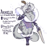 2021 anthro aroriella big_breasts breasts claws english_text felid female fur_collar gameplay_mechanics grey_hair hair humanoid jewelry jinti_(artist) long_tail mammal melee_weapon muscular muscular_female muscular_thighs necklace pantherine polearm red_eyes snow_leopard solo spear tail text weapon