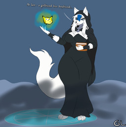anthro barefoot blue_eyes blue_hair book breasts clothing dialogue ears_up feet female fur hair occult occult_symbol occultism robe solo sonichu_medallion symbol tail text white_body white_fur white_hair gorgonwriting sonichu_(series) sonichu_(character) canid canine canis mammal wolf absurd_res hi_res