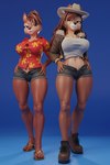 aloha_shirt anthro big_breasts boots bottomwear breasts brown_hair clothing crossgender daisy_dukes denim denim_bottomwear denim_clothing denim_shorts duo female flip_flops footwear hair hand_on_hip hat headgear headwear hotpants jacket long_hair midriff mtf_crossgender navel pattern_clothing pattern_shirt pattern_topwear sandals shirt shoes shorts smile teeth thick_thighs topwear mayosplash mayosplash_(modeler) chip_'n_dale_rescue_rangers disney chip_(disney) dale_(disney) chipmunk ground_squirrel mammal rodent sciurid 2023 3d_(artwork) digital_media_(artwork) hi_res sibling_(lore) sister_(lore) sisters_(lore)