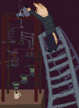 anthro beverage chemistry clothing coffee coffee_cup container cup detailed_background fur green_clothing green_shirt green_topwear ladder male shirt solo tan_body tan_fur topwear demensa domestic_cat felid feline felis mammal 2018 digital_media_(artwork) pixel_(artwork)