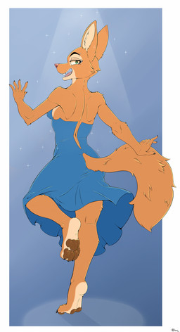 4_toes 5_fingers anthro bare_shoulders barefoot biped blue_clothing blue_dress border breasts brown_pawpads claws clothed clothed_anthro clothed_female clothing countershade_face countershade_feet countershade_neck countershading dancing dress ears_up eyebrow_piercing eyebrows eyelashes facial_piercing fangs feet female female_anthro finger_claws fingers fluffy fluffy_tail footwear fully_clothed fully_clothed_anthro fully_clothed_female fur furgonomic_dress furgonomics green_eyes half-closed_eyes inner_ear_fluff iris looking_at_viewer looking_back looking_back_at_viewer narrowed_eyes on_one_leg open_mouth open_smile orange_body orange_fur outside_border pawpads paws piercing pink_nose plantigrade pointy_ears prick_ears pupils rear_view shoulder_blades side_boob smile snout soles solo sparkles spotlight standing tail teeth tiptoes toe_claws toes tongue tuft white_border jimfoxx dreamworks the_bad_guys diane_foxington american_red_fox canid canine fox mammal red_fox true_fox 2024 absurd_res dated full-length_portrait hi_res portrait signature
