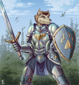 anthro armor belt black_nose bottomwear brown_body brown_fur brown_hair clothing cloud fur gauntlets gloves grass hair handwear knee_pads loincloth looking_up melee_weapon metal metallic_body outside paladin plant pointy_ears prick_ears shield shoulder_pads sky smile snout solo standing sword tail teeth tree weapon denlusty dungeons_and_dragons hasbro wizards_of_the_coast gautier canid canine canis mammal wolf 2023 hi_res