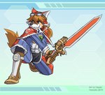 anthro armor blue_eyes bone boots brown_body brown_fur brown_hair clothed clothing footwear fur gloves gun gunblade hair handwear kemono long_hair male melee_weapon ranged_weapon shoes smile solo sword text weapon raxkiyamato cyberconnect2 little_tail_bronx solatorobo red_savarin akita akita_inu canid canine caninu canis domestic_dog mammal spitz 2019 colored sketch