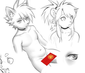 accessory adolescent anthro choker convenient_censorship duo hair_accessory jewelry looking_aside male male_anthro navel necklace nude simple_background tasteful_nudity three-quarter_view young young_anthro young_male koiyaroid canid canine felid lion mammal pantherine black_and_white greyscale line_art monochrome multiple_images shaded soft_shading