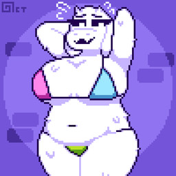 2_horns anthro belly bent_arm big_breasts big_eyes big_iris bikini biped black_eyebrows black_eyes bodily_fluids breasts brick brick_wall clothed clothed_anthro clothed_female clothing curvy_figure eyebrows eyelashes fangs female flying_sweatdrops fur hands_behind_back horn huge_breasts iris legs_together light_body light_fur looking_forward mature_anthro mature_female monotone_body monotone_breasts monotone_fur multicolored_bikini multicolored_clothing multicolored_swimwear navel no_pupils open_mouth open_smile pose purple_wall short_horn skimpy skimpy_bikini skimpy_swimwear slightly_chubby slightly_chubby_anthro slightly_chubby_female small_horn smile snout solo standing sweat sweatdrop sweaty_arms sweaty_belly sweaty_body sweaty_breasts sweaty_fur sweaty_legs sweaty_thighs swimwear teeth text thick_eyelashes thick_thighs thin_eyebrows three-quarter_view two-piece_swimsuit wall_(structure) white_body white_breasts white_fur white_horn white_sclera octotron2000 deltarune undertale_(series) toriel boss_monster_(undertale) bovid caprine goat mammal 1:1 2025 artist_name digital_drawing_(artwork) digital_media_(artwork) english_description pixel_(artwork) portrait three-quarter_portrait