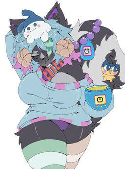 999ofdeath arm_over_head big_breasts big_tail blue_hair breasts clothed clothing collar container cup curvy_figure female fur glistening glistening_clothing glistening_thighs hair hip_tuft horn legwear mismatched_thigh_highs mug multicolored_hair oversized_clothing panties pattern_clothing pattern_legwear pattern_thigh_highs plushie purple_clothing purple_panties purple_underwear simple_background standing striped_clothing striped_legwear striped_thigh_highs stripes sweater tail thick_thighs thigh_highs topwear tuft underwear unnatural_colors voluptuous waking_up white_background wide_hips tamagotchi mametchi nyamiee_(felinegirl) mammal mephitid skunk colored digital_drawing_(artwork) digital_media_(artwork) hi_res